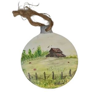Handpainted Christmas Ornament Country Scene Rustic Barn Cows Birds Meadow 3.25"